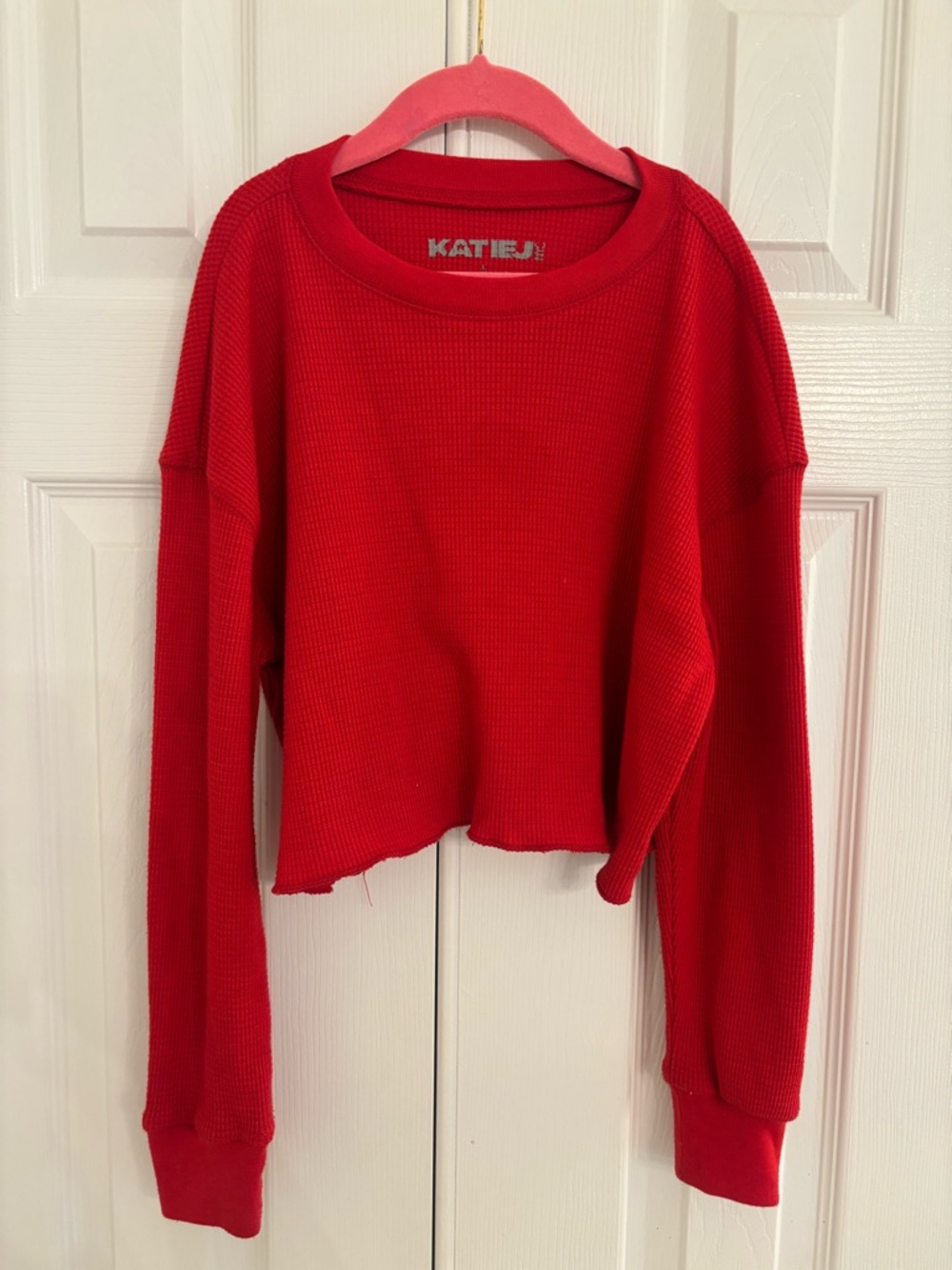 Katie J NYC Red Waffle Cropped Sweatshirt